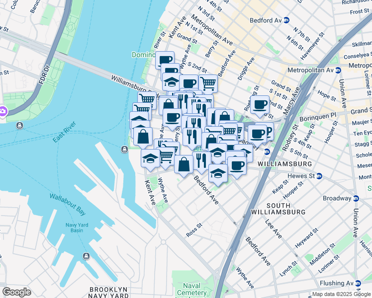 map of restaurants, bars, coffee shops, grocery stores, and more near 100 South 9th Street in Brooklyn