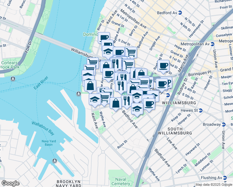map of restaurants, bars, coffee shops, grocery stores, and more near 100 South 9th Street in Brooklyn