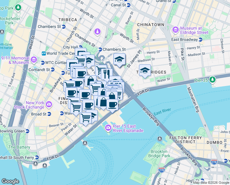 map of restaurants, bars, coffee shops, grocery stores, and more near in New York