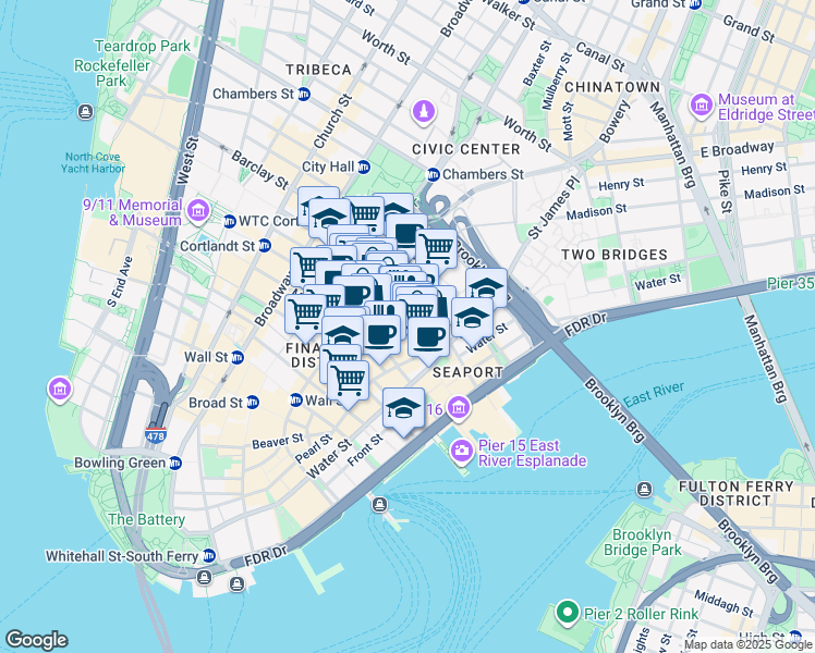 map of restaurants, bars, coffee shops, grocery stores, and more near 25 Cliff Street in New York