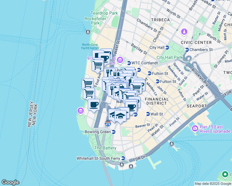 map of restaurants, bars, coffee shops, grocery stores, and more near 13-21 Rector Street in New York