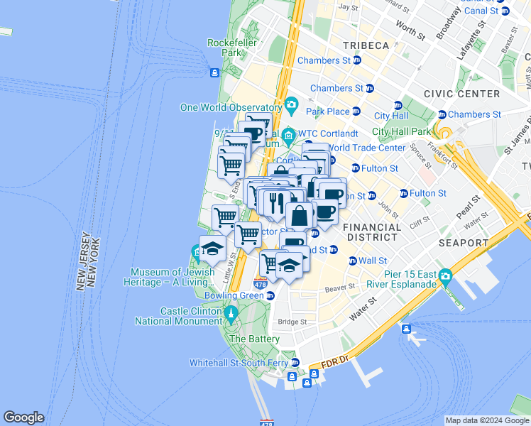 map of restaurants, bars, coffee shops, grocery stores, and more near 13-21 Rector Street in New York
