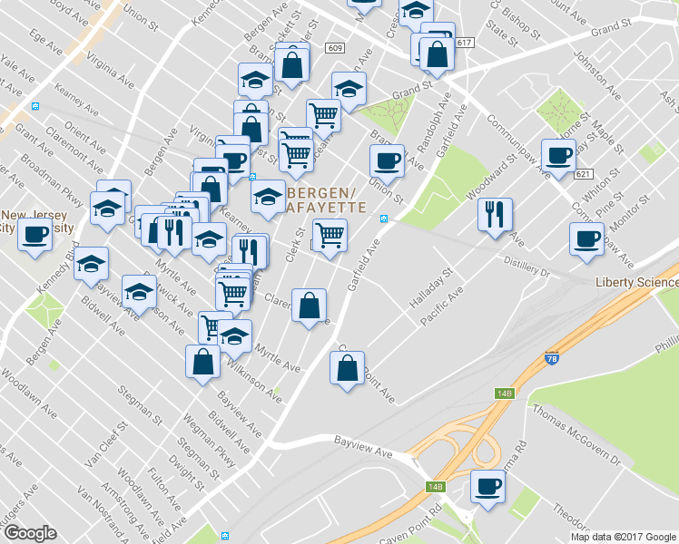 map of restaurants, bars, coffee shops, grocery stores, and more near 121 Carteret Avenue in Jersey City
