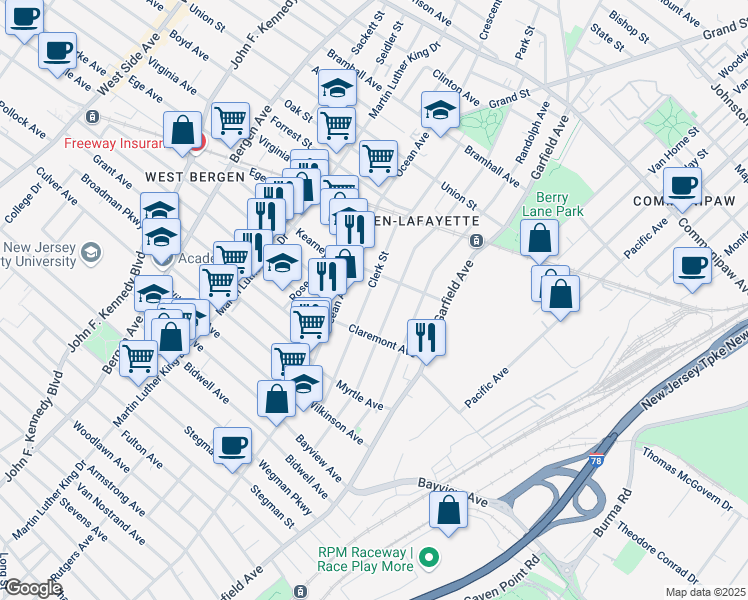 map of restaurants, bars, coffee shops, grocery stores, and more near 131 Clerk Street in Jersey City