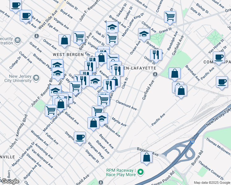 map of restaurants, bars, coffee shops, grocery stores, and more near 131 Clerk Street in Jersey City