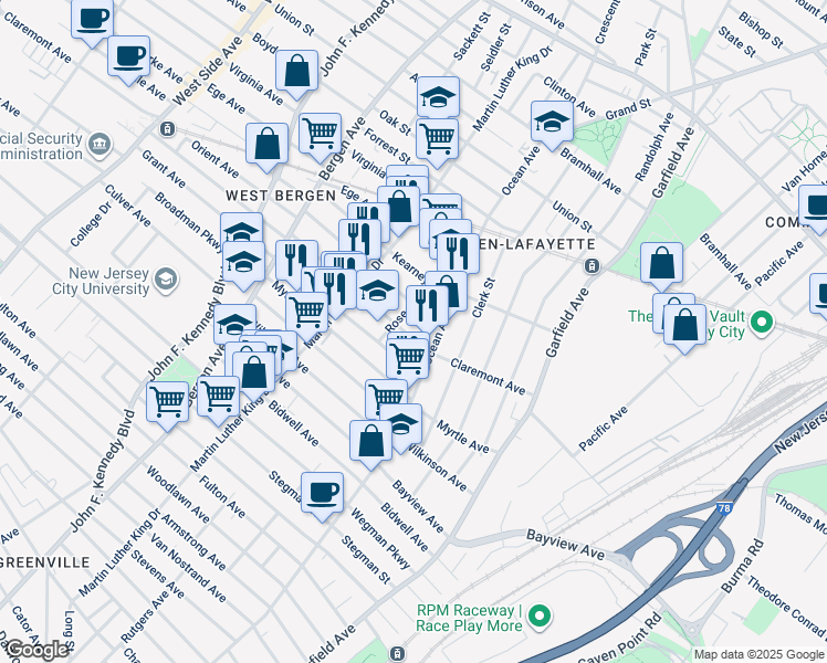 map of restaurants, bars, coffee shops, grocery stores, and more near 645 Ocean Avenue in Jersey City
