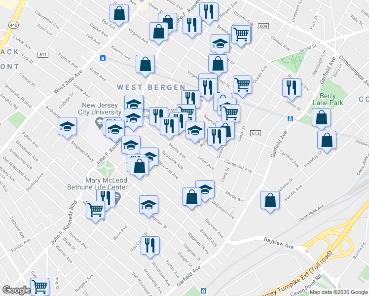 map of restaurants, bars, coffee shops, grocery stores, and more near 146 Myrtle Avenue in Jersey City