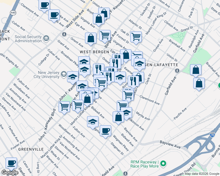 map of restaurants, bars, coffee shops, grocery stores, and more near 146 Myrtle Avenue in Jersey City