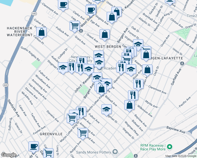 map of restaurants, bars, coffee shops, grocery stores, and more near 176 Bergen Avenue in Jersey City