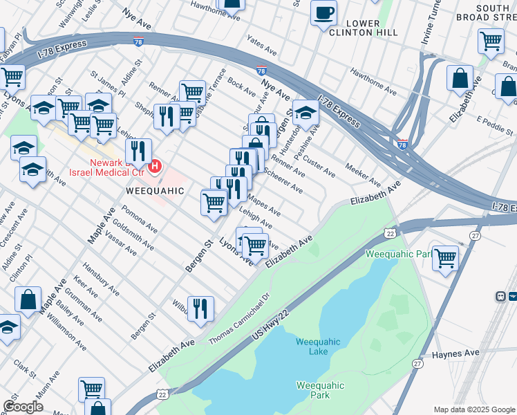 map of restaurants, bars, coffee shops, grocery stores, and more near 77 Lehigh Avenue in Newark