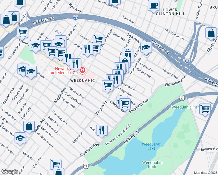 map of restaurants, bars, coffee shops, grocery stores, and more near in Newark