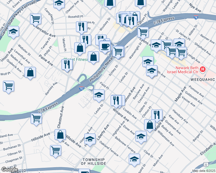 map of restaurants, bars, coffee shops, grocery stores, and more near 477 Leslie Street in Newark