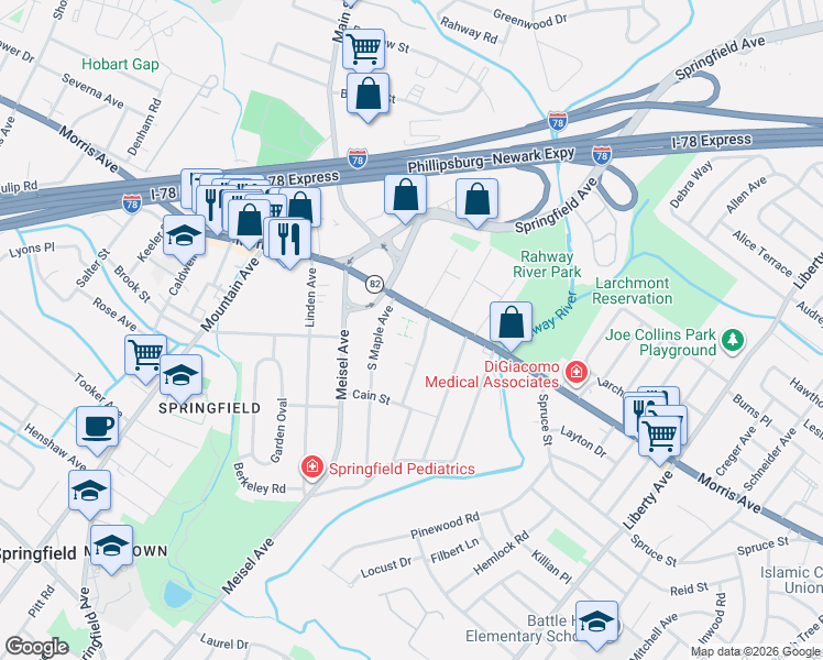 map of restaurants, bars, coffee shops, grocery stores, and more near 81 Morris Avenue in Springfield