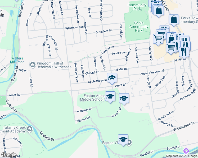 map of restaurants, bars, coffee shops, grocery stores, and more near 909 Apple Blossom Road in Easton