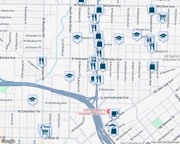 map of restaurants, bars, coffee shops, grocery stores, and more near 1718 North Linn Street in Peoria