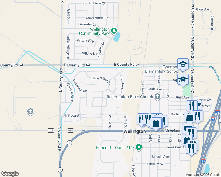 map of restaurants, bars, coffee shops, grocery stores, and more near 8520 Man O War Drive in Wellington