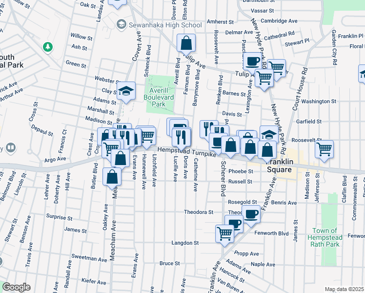 map of restaurants, bars, coffee shops, grocery stores, and more near 1200A Hempstead Turnpike in Franklin Square
