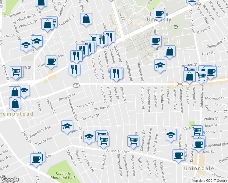 map of restaurants, bars, coffee shops, grocery stores, and more near 27 Perry Street in Hempstead