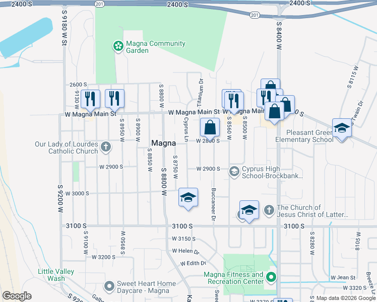 map of restaurants, bars, coffee shops, grocery stores, and more near 2835 Cyprus Lane in Magna
