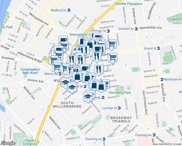 map of restaurants, bars, coffee shops, grocery stores, and more near 376 South 3rd Street in Brooklyn