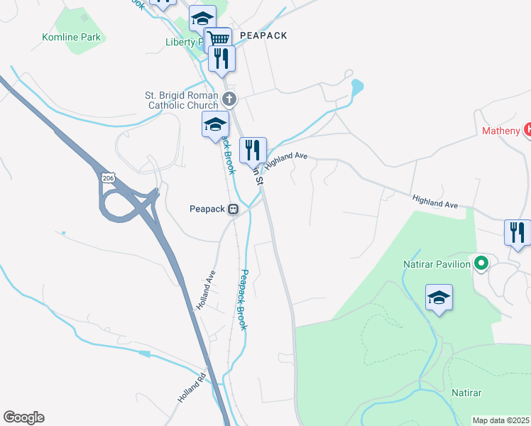 map of restaurants, bars, coffee shops, grocery stores, and more near 67 Main Street in Peapack and Gladstone