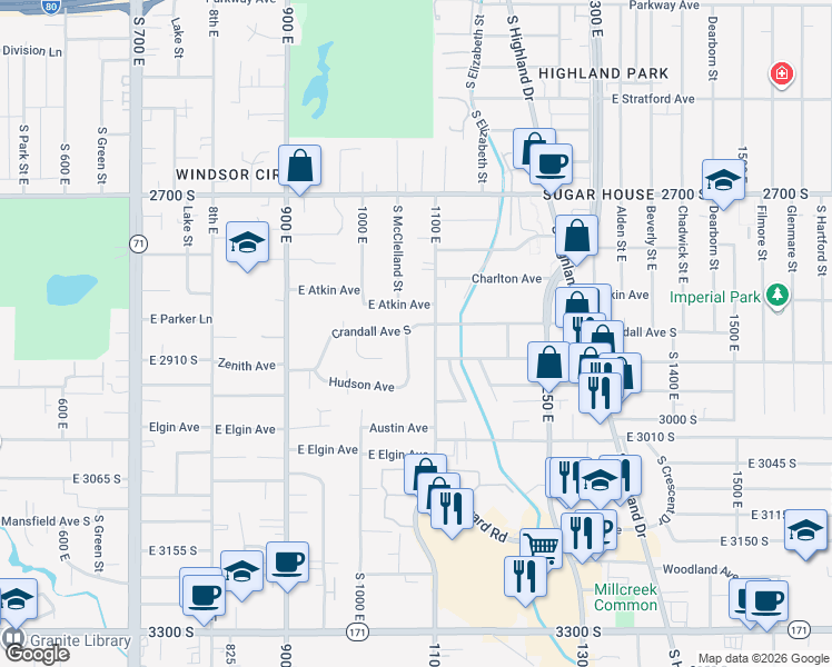 map of restaurants, bars, coffee shops, grocery stores, and more near 2878 South McClelland Street in Salt Lake City