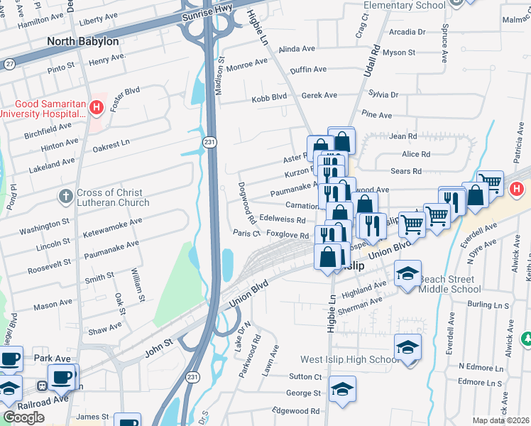 map of restaurants, bars, coffee shops, grocery stores, and more near 303 Edelweiss Road in West Islip