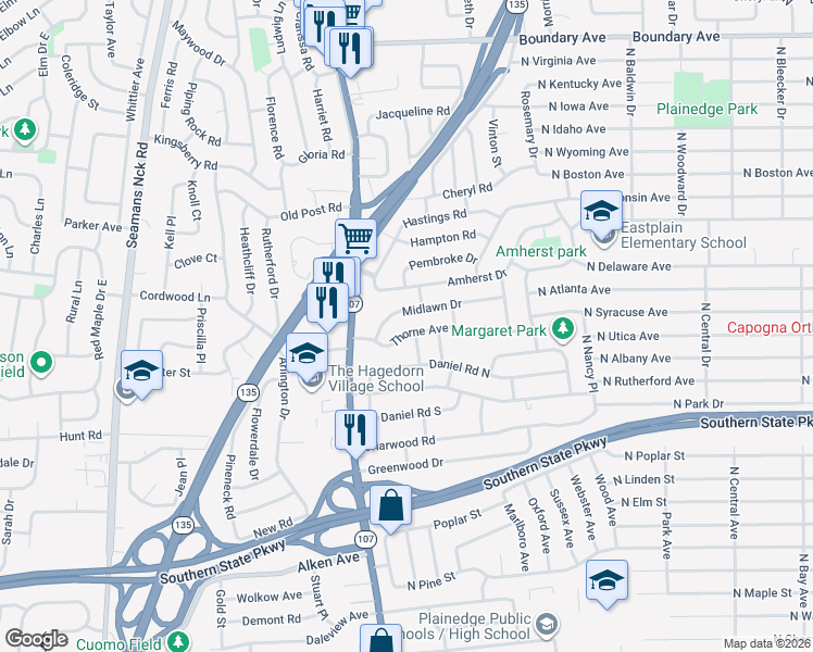 map of restaurants, bars, coffee shops, grocery stores, and more near 25 Thorne Avenue in Massapequa