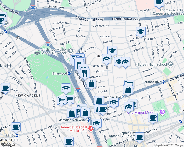 map of restaurants, bars, coffee shops, grocery stores, and more near 139-22 86th Avenue in Queens
