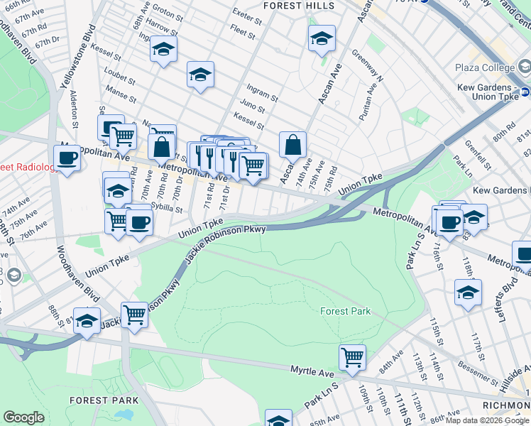 map of restaurants, bars, coffee shops, grocery stores, and more near 97-08 72nd Drive in Queens