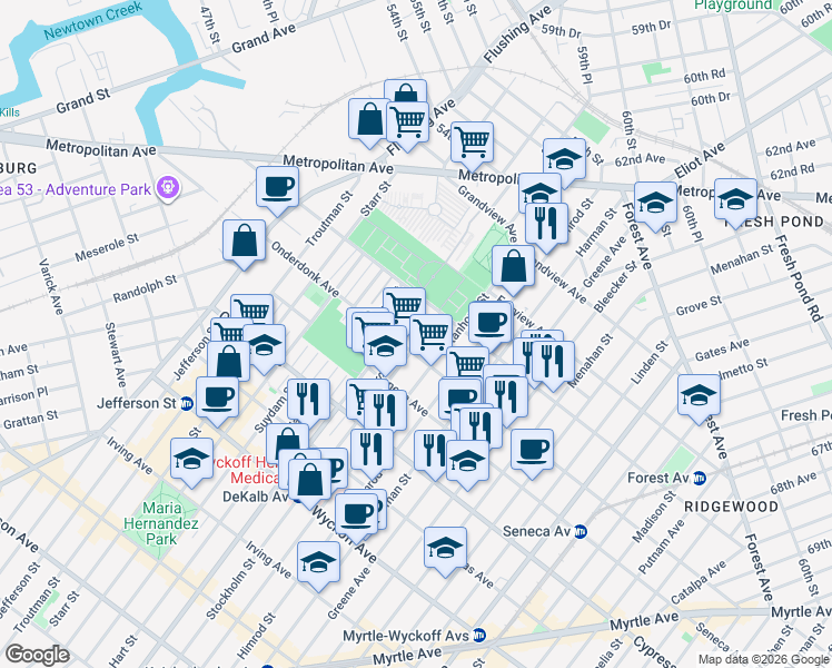 map of restaurants, bars, coffee shops, grocery stores, and more near 18-63 Stockholm Street in Queens