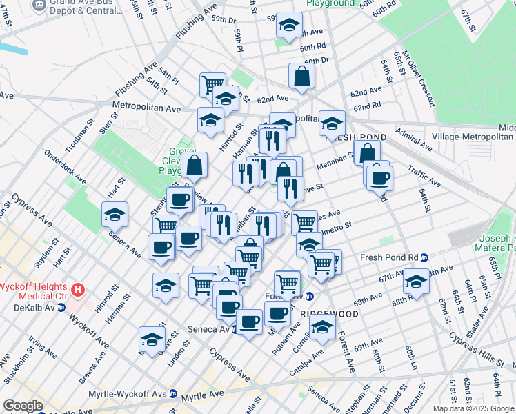 map of restaurants, bars, coffee shops, grocery stores, and more near 20-32 Menahan Street in Queens