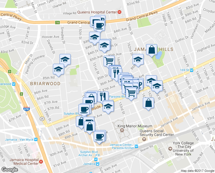 map of restaurants, bars, coffee shops, grocery stores, and more near 150-35 87th Avenue in Queens