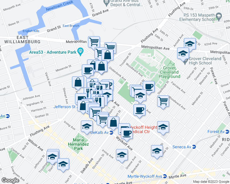 map of restaurants, bars, coffee shops, grocery stores, and more near 17-31 Willoughby Avenue in Queens