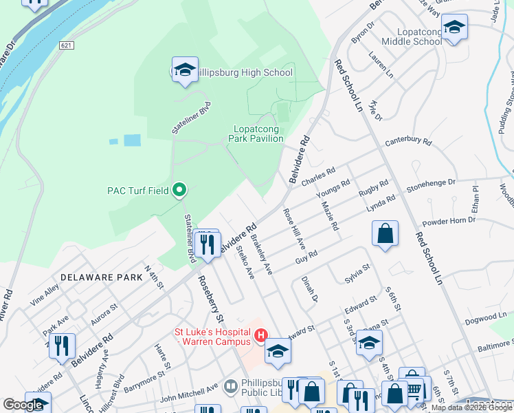 map of restaurants, bars, coffee shops, grocery stores, and more near 10 Anna Place in Phillipsburg
