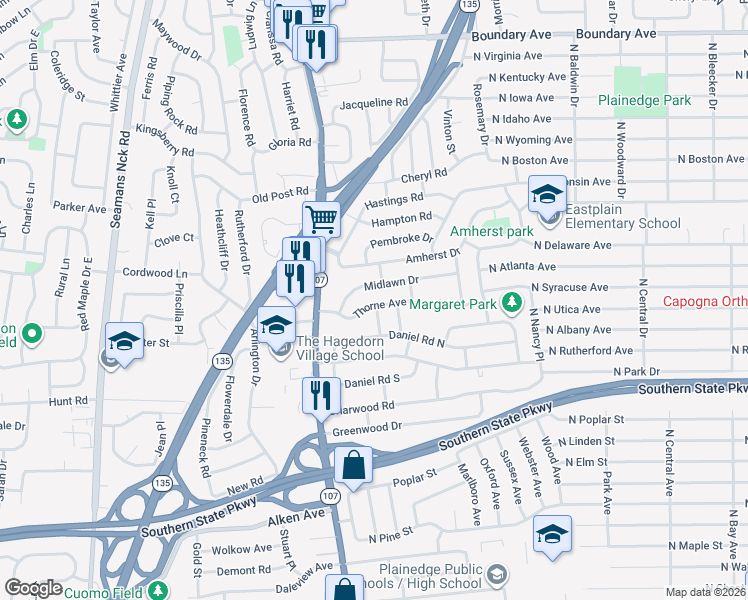 map of restaurants, bars, coffee shops, grocery stores, and more near 25 Thorne Avenue in Massapequa