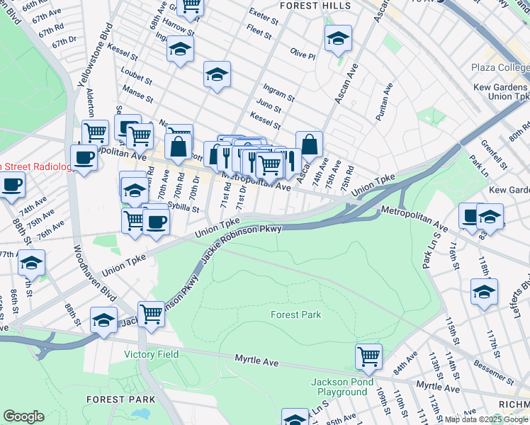 map of restaurants, bars, coffee shops, grocery stores, and more near 96-03 72nd Road in Queens