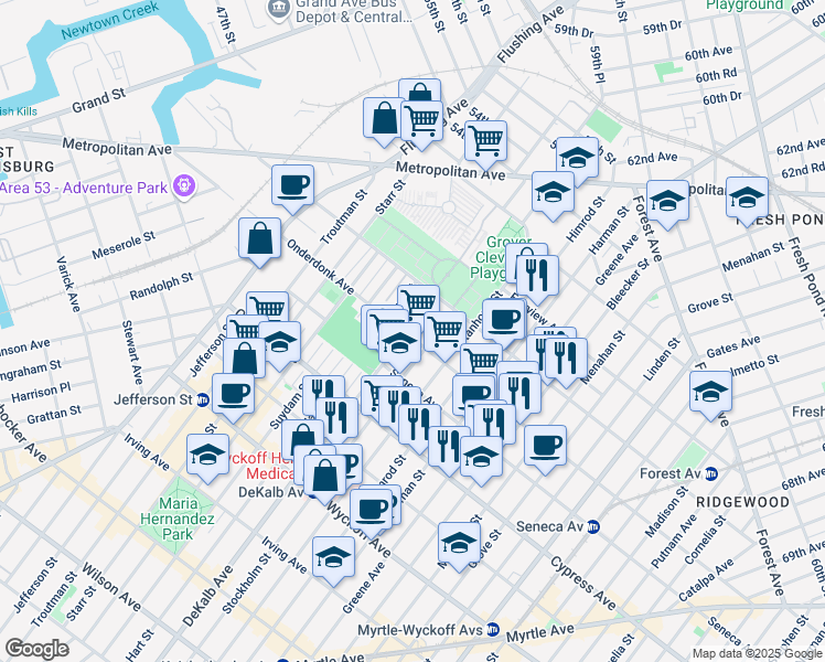 map of restaurants, bars, coffee shops, grocery stores, and more near 18-63 Stockholm Street in Queens