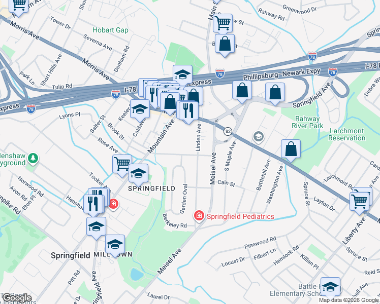 map of restaurants, bars, coffee shops, grocery stores, and more near 36 Wabeno Avenue in Springfield