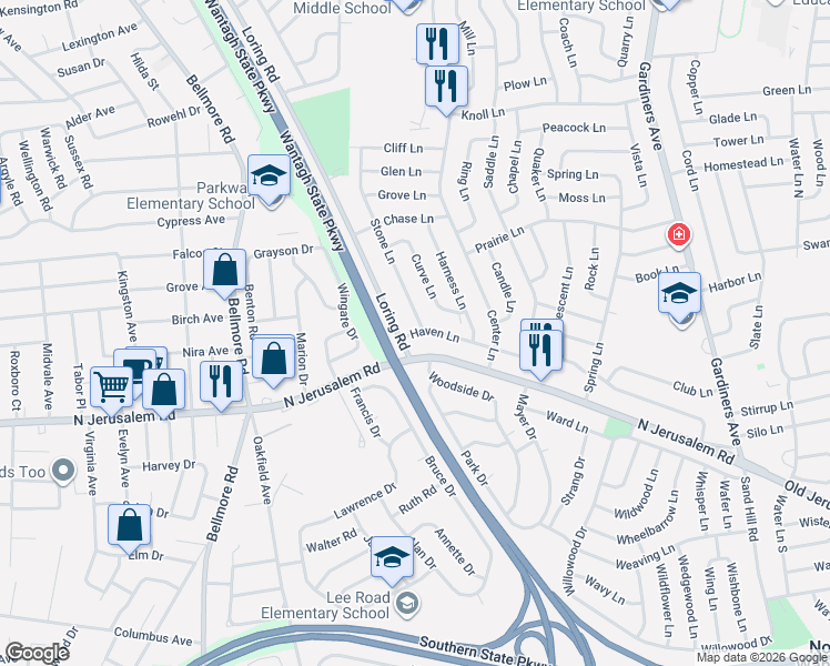 map of restaurants, bars, coffee shops, grocery stores, and more near 7 Haven Lane in Levittown