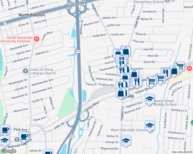 map of restaurants, bars, coffee shops, grocery stores, and more near 303 Edelweiss Road in West Islip
