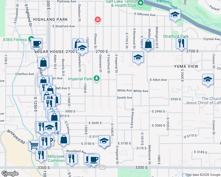 map of restaurants, bars, coffee shops, grocery stores, and more near 2873 South Hartford Street in Salt Lake City