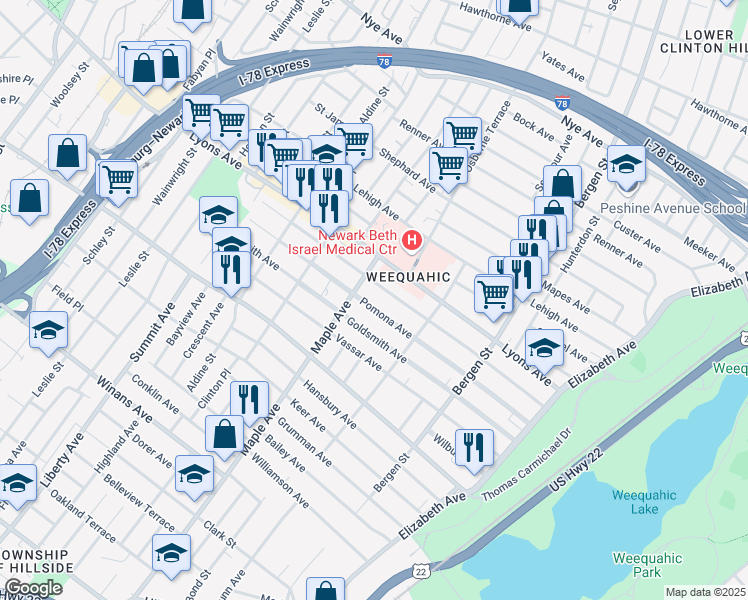 map of restaurants, bars, coffee shops, grocery stores, and more near 171 Pomona Avenue in Newark