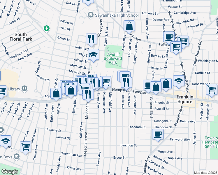 map of restaurants, bars, coffee shops, grocery stores, and more near 1276 Hempstead Turnpike in Elmont