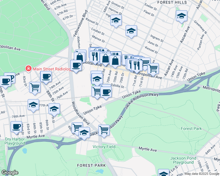 map of restaurants, bars, coffee shops, grocery stores, and more near 70-02 Sybilla Street in Queens
