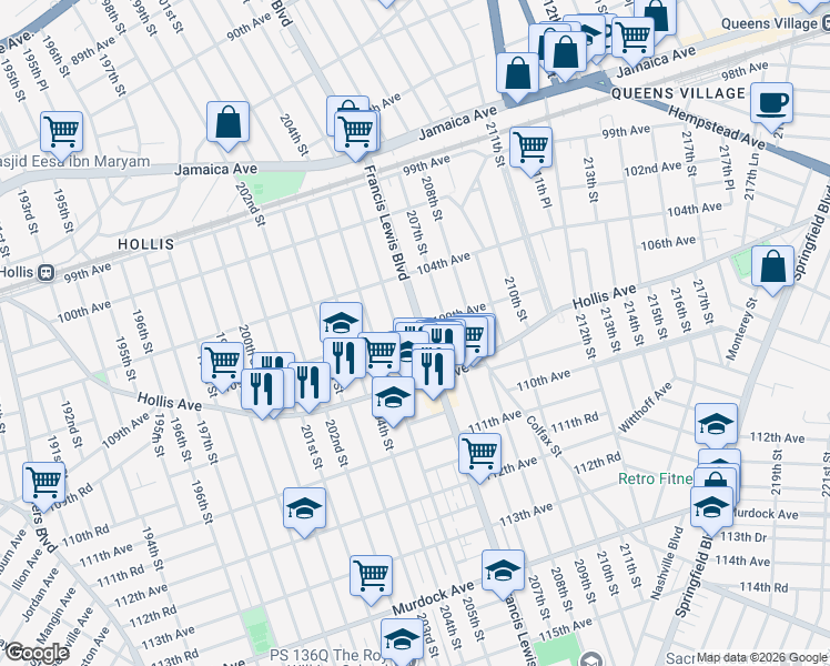 map of restaurants, bars, coffee shops, grocery stores, and more near 109-08 Francis Lewis Boulevard in Queens