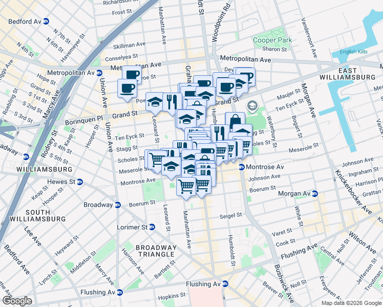 map of restaurants, bars, coffee shops, grocery stores, and more near 142 Scholes Street in Brooklyn