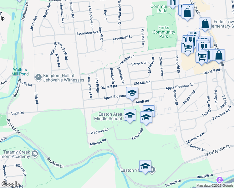 map of restaurants, bars, coffee shops, grocery stores, and more near 909 Apple Blossom Road in Easton
