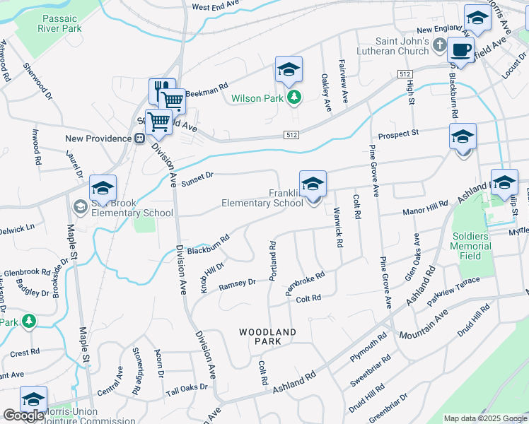 map of restaurants, bars, coffee shops, grocery stores, and more near 183 Blackburn Road in Summit
