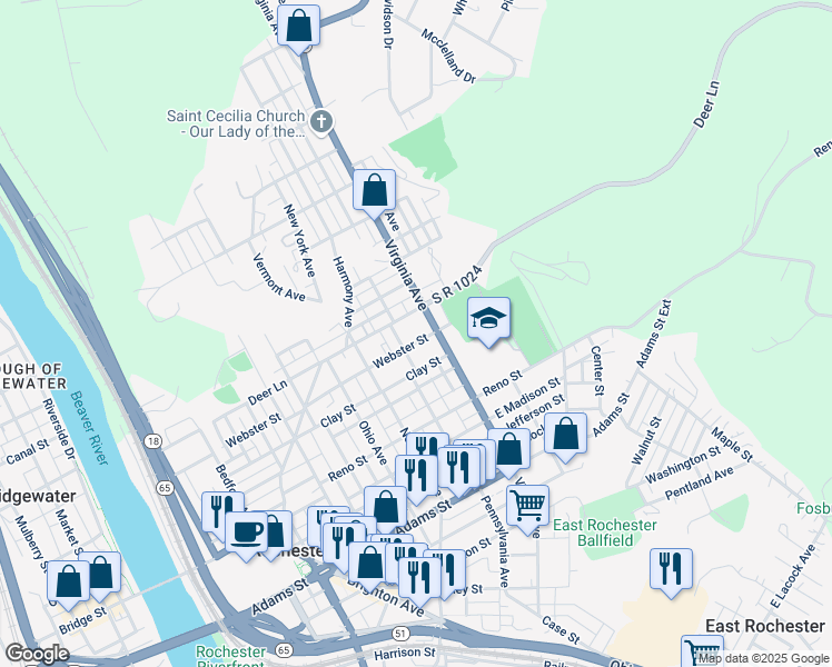 map of restaurants, bars, coffee shops, grocery stores, and more near 464 Webster St in Rochester